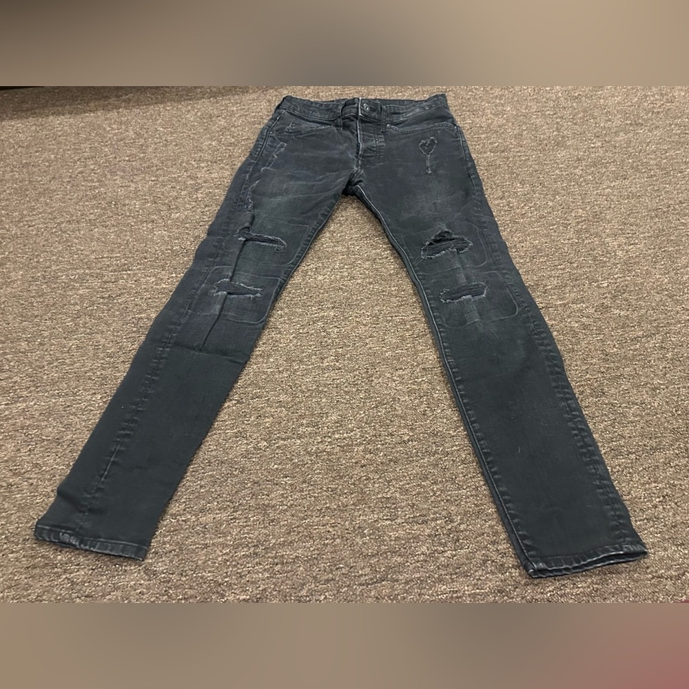 EUC H&M Black Denim Jeans button fly skinny low waist 30/32 women's distressed